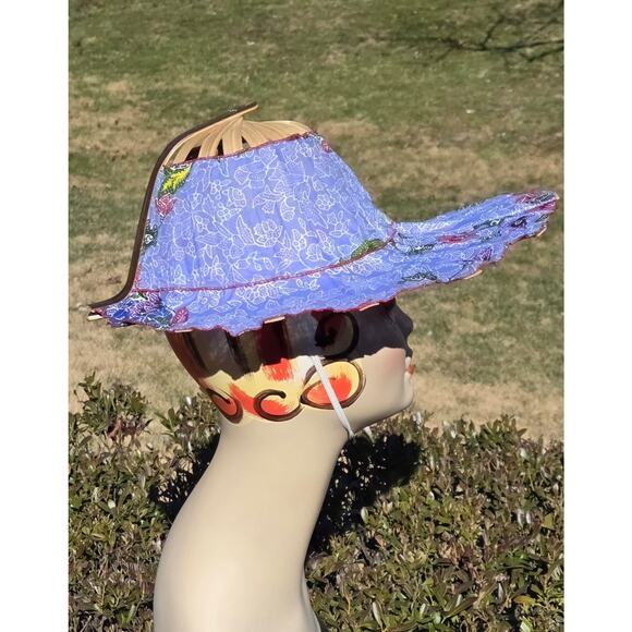 VTG Collapsible Bamboo Travel Hat Folding Packable Sun Hat Blue Floral Batik - Picture 5 of 11